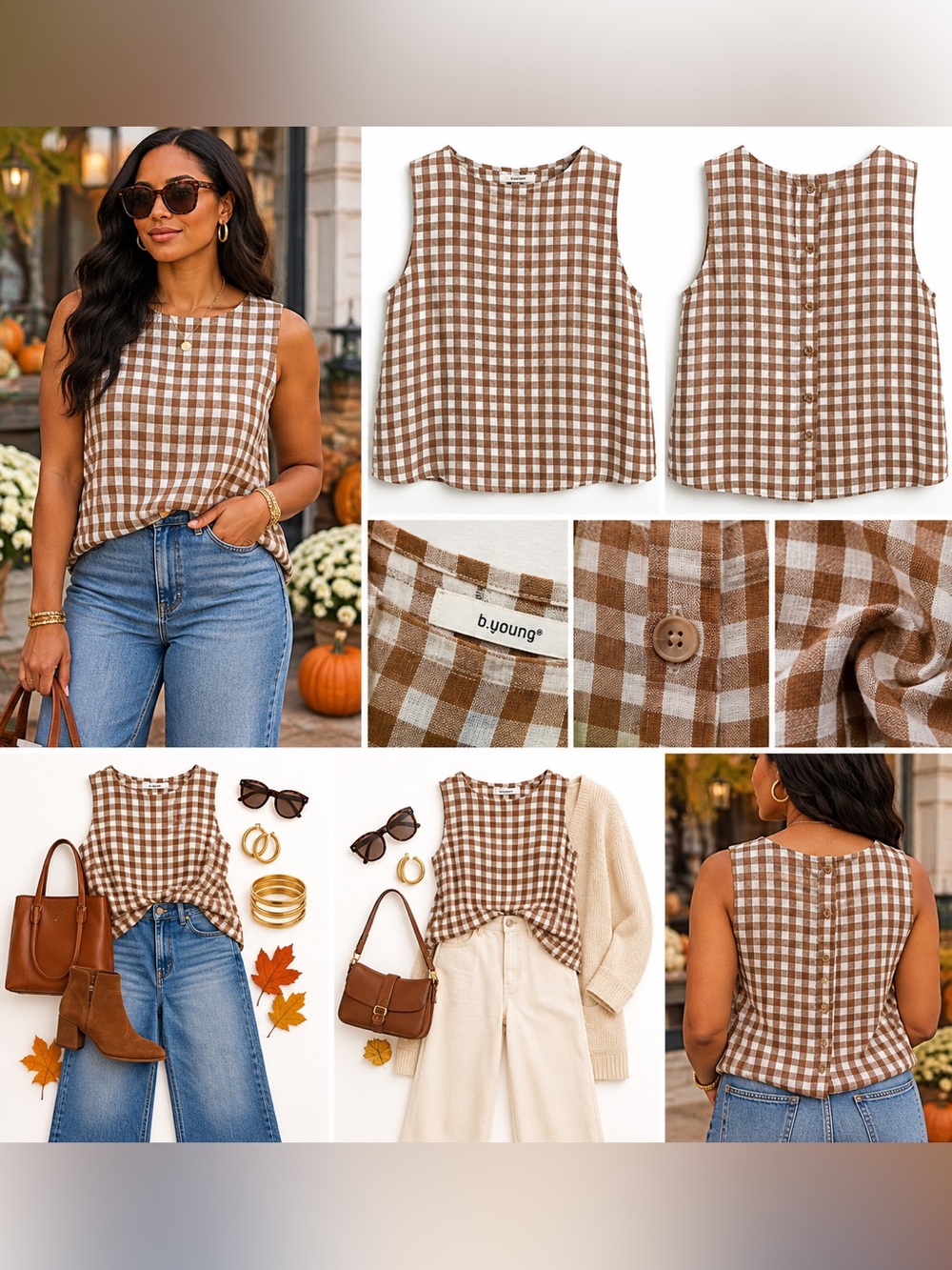 b.young Byfalakka Gingham Button Back Linen Blend Top NWT XS